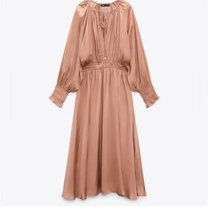 Zara satin long sleeve pleated details and balloon sleeves dress in rose peach